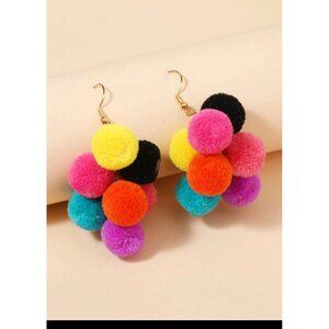 Long Pom Pom earrings large chandelier chunky big earrings multicolored rainbow